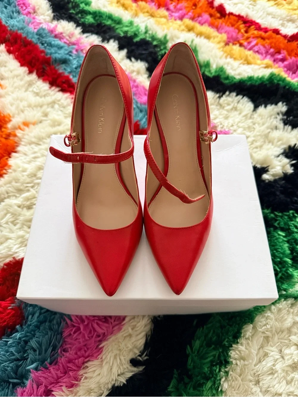 Calvin Klein Red Pointed Mary Jane Pumps with Buckle Strap